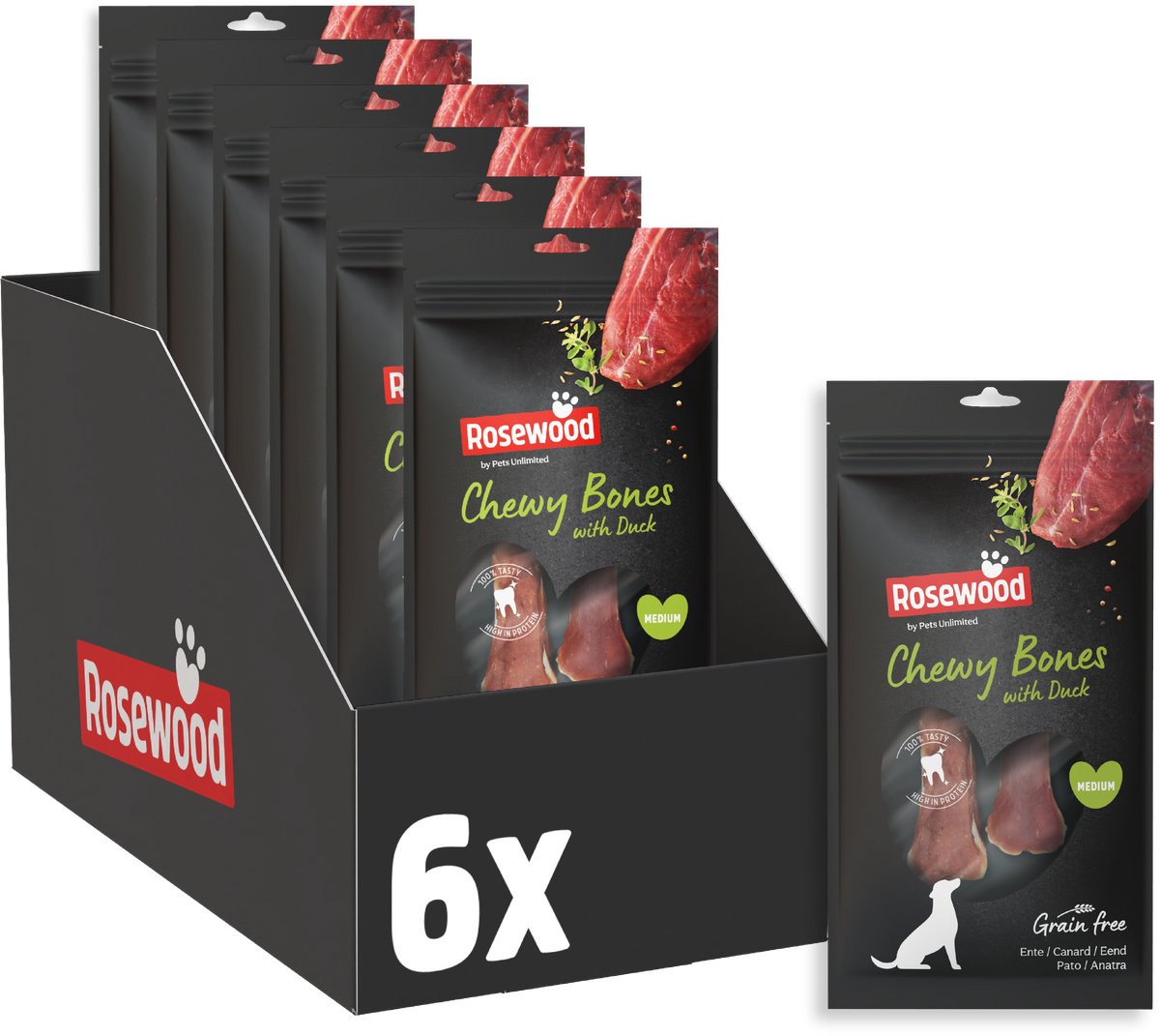 Rosewood chewy bones duck medium - dog snack - chew bones with duck and beef skin - grain-free - 6 x 80 g