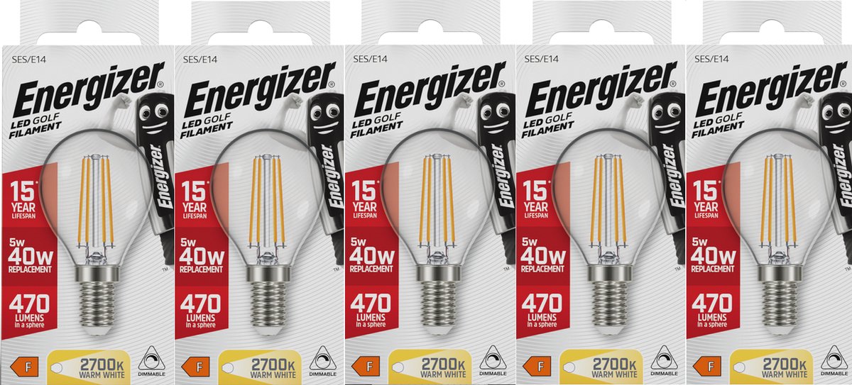 Energizer energy-efficient filament LED ball lamp - E14 - 5 watt - warm white light - dimmable - 5 pieces