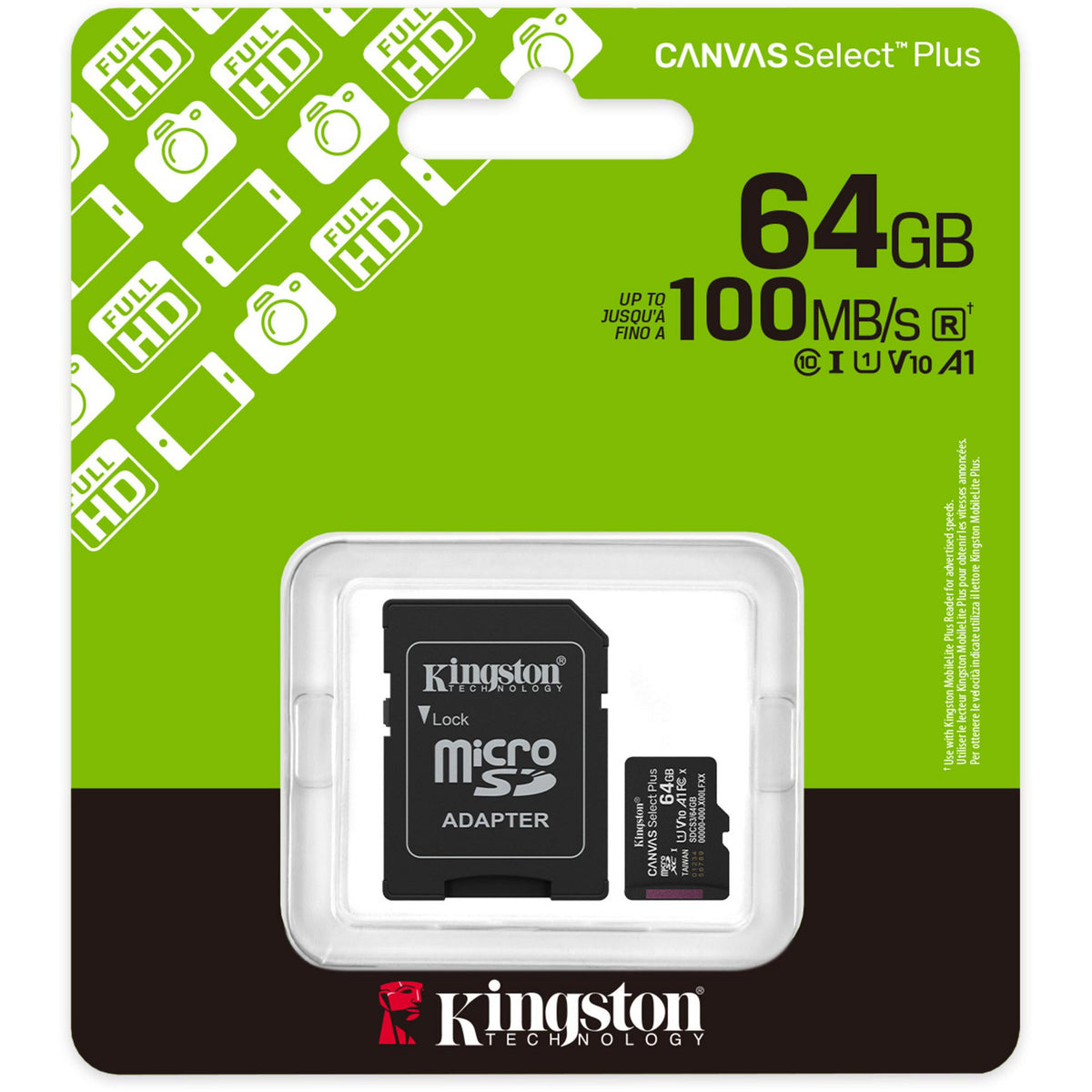 Kingston Canvas Select Plus 64 GB MicroSDXC memory card (black, UHS-I U1, Class 10, V10, incl. SD adapter)