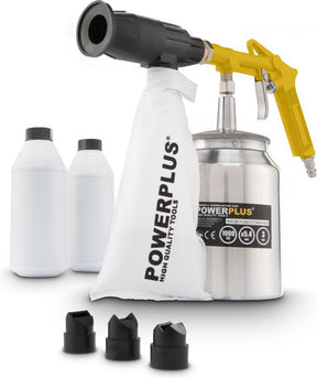 Pneumatická pískovací pistole Powerplus powair0014 - pracovní tlak: 3bar - 170l min - obsah nádrže: 1000cc - vč. 5 příslušenství a 2 x 1 kg práškového oxidu hliníku