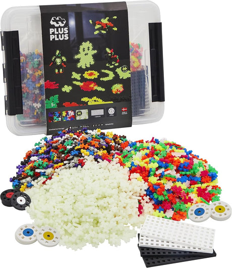 Plus-plus glow in the dark storage box build and 2000 piece construction set - 3919 - building toys - construction toys - set with building blocks - from 5 years