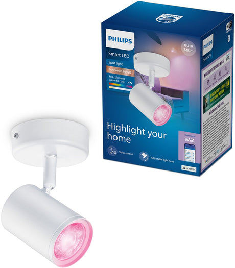 Philips smart lighting - opbouwspot - 1 spot - rgb - gekleurd en instelbaar wit licht - dimbaar - wit - 1x5w - gu10 fitting - werkt met de wiz app - wifi