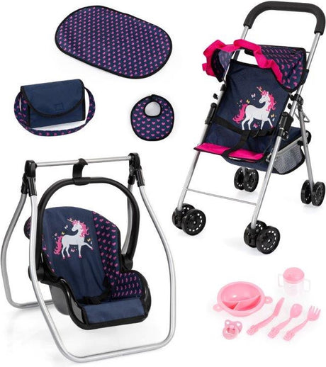 Bayer design folding doll buggy, doll pram, double wheels, bag, changing mat, cradle, accessories