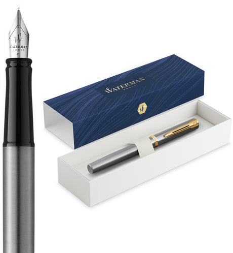 Waterman impression fountain pen | medium filling tip with blue ink filling | stainless steel with gold-colored finish | gift box