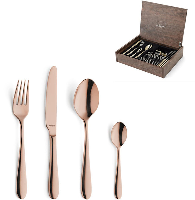Amefa oxford koppar - 24-delat bestickset - 6 personer - i lyxig träkassett - premium PVD-beläggning - högkvalitativt 18 10 krom nickelstål