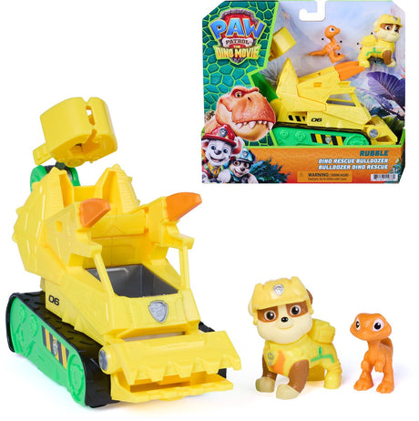 Paw patrol - the dino movie - rubble dino rescue bulldozer - vehicle with bite action, moving claw, 2 action figures - toys from 3 years