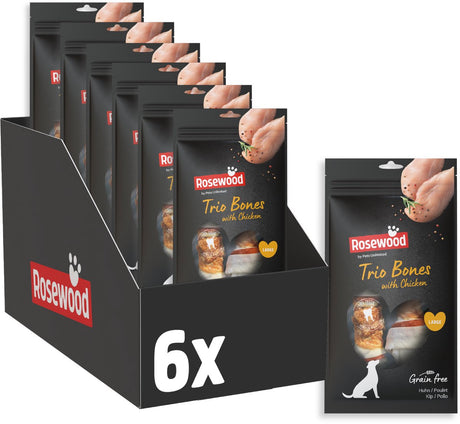 Rosewood trio bones dog snack chicken - chewing bones rawhide for large dogs - grain-free - 6 x 90 g