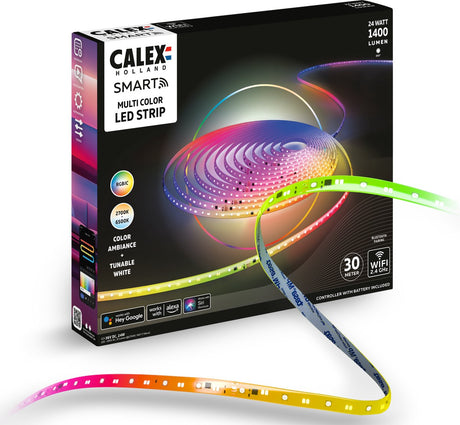 Calex smart LED strip - 30m, rgbic+cctic, WiFi controllable, music synchronization, indoor use, 1400 lumens, LED light cord, smart lighting