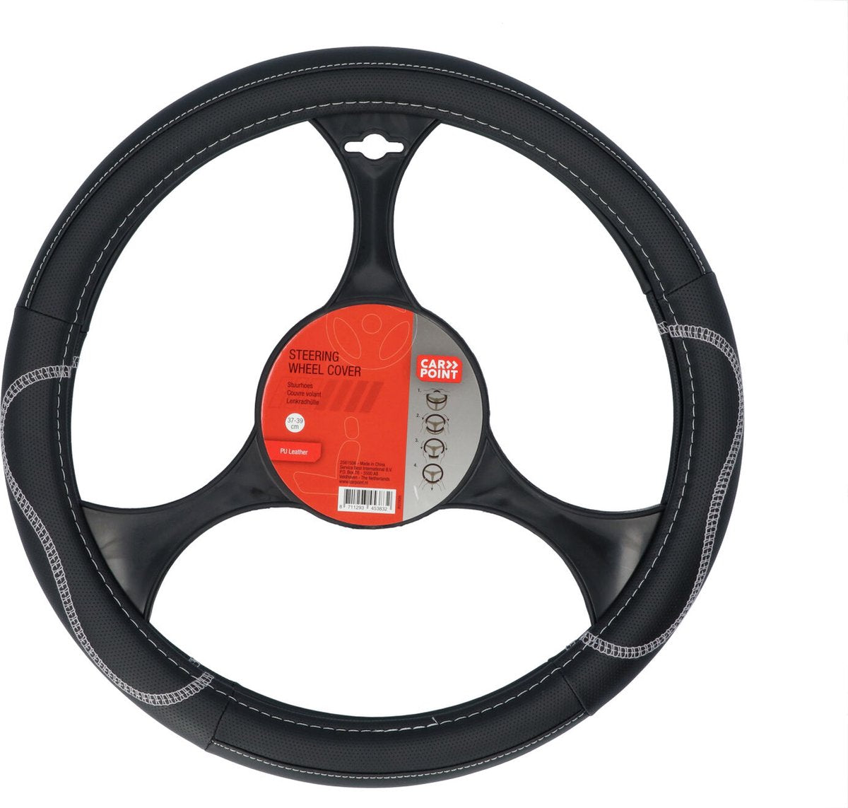 Carpoint rattdeksel bil - svart PU-skinn med grå aksenter - for ratt med en diameter på 37-39 cm