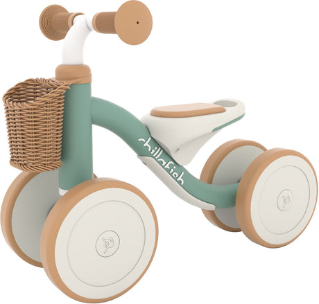 Chillafish balance bike 1 year for boys and girls with basket - walker for toddlers up to 3 years - green - lightweight car with handle for carrying - silent anti-slip tires for indoors and outdoors - stable with 4 wheels - model cruzi