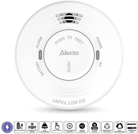 Alecto SDV10 røykvarsler - 230v branndetektor på nettstrøm - med reservebatteri - hvit