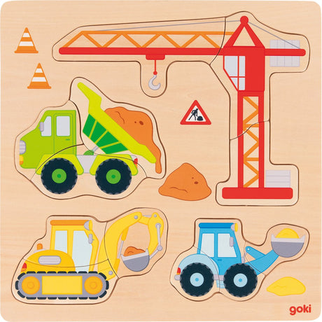 Goki insert puzzle - construction vehicles - 12 parts - wood - 2 years