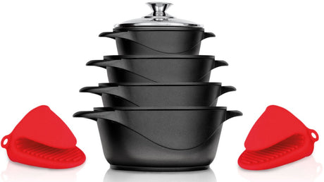 Smile induktionspanna set 10 delar - svart - hög kvalitet - kokkärl i gjuten aluminium - alla värmekällor