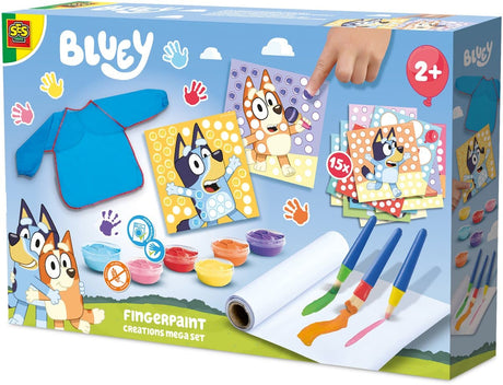 Ses creative bluey - pirštų dažai - mega rinkinys - veganiškas be glitimo - lengvai skalbiamas - vaikams nuo 2 metų - 15 kortelių ir 1 netvarkinga prijuostė
