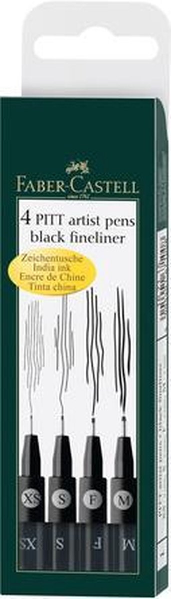 „Faber-castell“ piešimo rašiklis – smulkūs pieštukai – „Pitt artist“ rašiklis – dėklas 4 vnt. m f s xs – juodas – fc-167115