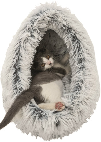 Ciseán cat Trixie igloo harvey liath bán-dubh