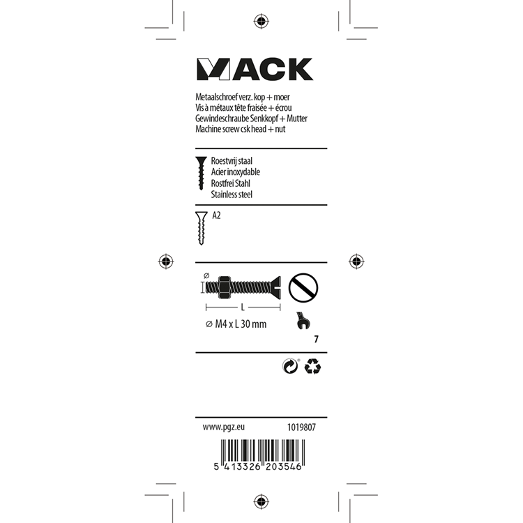 Mack 1019807 - horganyzott fémcsavar. fej + anya rozsdamentes acél 10 db m4x30 | 10 darab