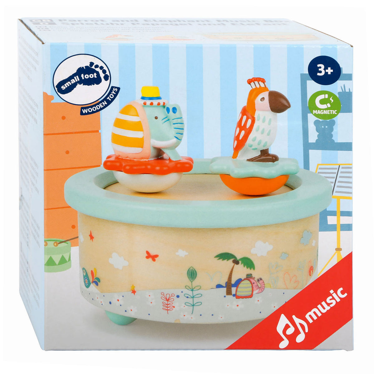 Small foot - wooden music box parrot and elephant