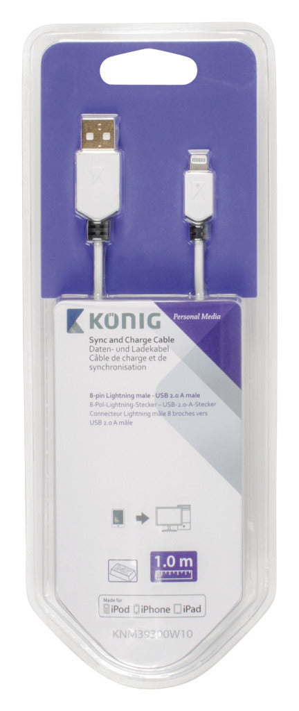 K ouml;nig knm39300w10 sync and charge cable 8-pin lightning male - USB 2.0 a male 1.00 m white