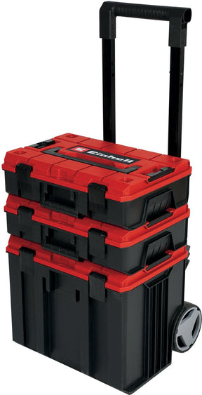 Einhell e-case torony rendszer tok - max. teherbírás: 120 kg - 3 tokból áll, beleértve. kiegészítők - tartozékok és szerszámok tárolása, szállítása - kerekekkel - egymásra rakható - csatlakoztatható
