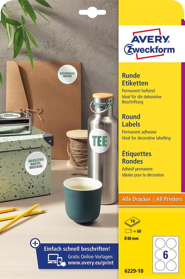Avery zweckform Ronn Etiketten, Duerchmiesser 80 mm, wäiss, permanent Klebstoff, 60 Etiketten, 10 Blieder, 50 Stécker