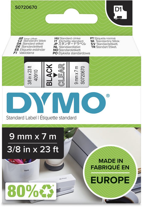 Dymo juostos d1 poliesteris 9mmx7m juodos-permatomos blizgios