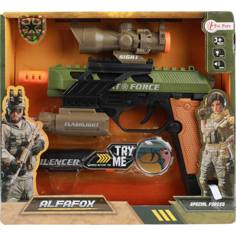 Toi-toys военен пистолет alfafox със заглушител + фенерче + светлина и звук