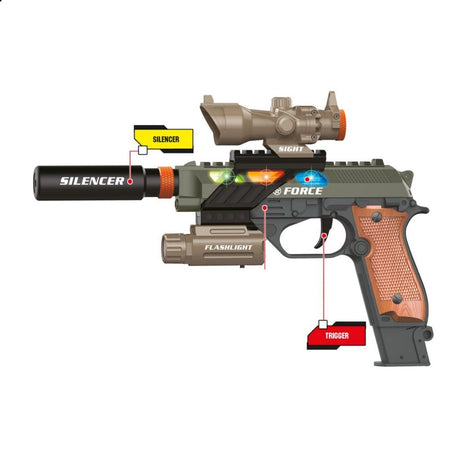 Toi-toys военен пистолет alfafox със заглушител + фенерче + светлина и звук