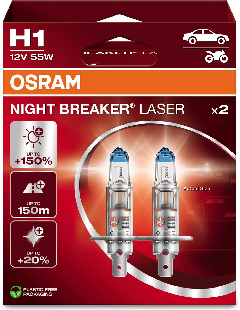 Osram night breaker laser - halogenske avtomobilske svetilke h1 - do 150 % več svetlobe in 150 m vidljivosti - 64150nl-2hb - komplet 2 sijalk