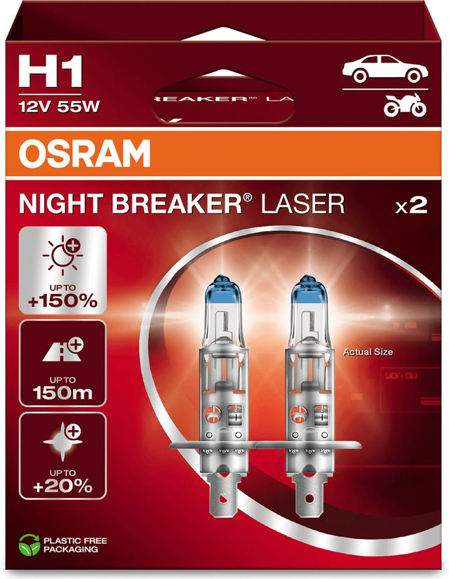 Osram night breaker laser - halogenske avtomobilske svetilke h1 - do 150 % več svetlobe in 150 m vidljivosti - 64150nl-2hb - komplet 2 sijalk