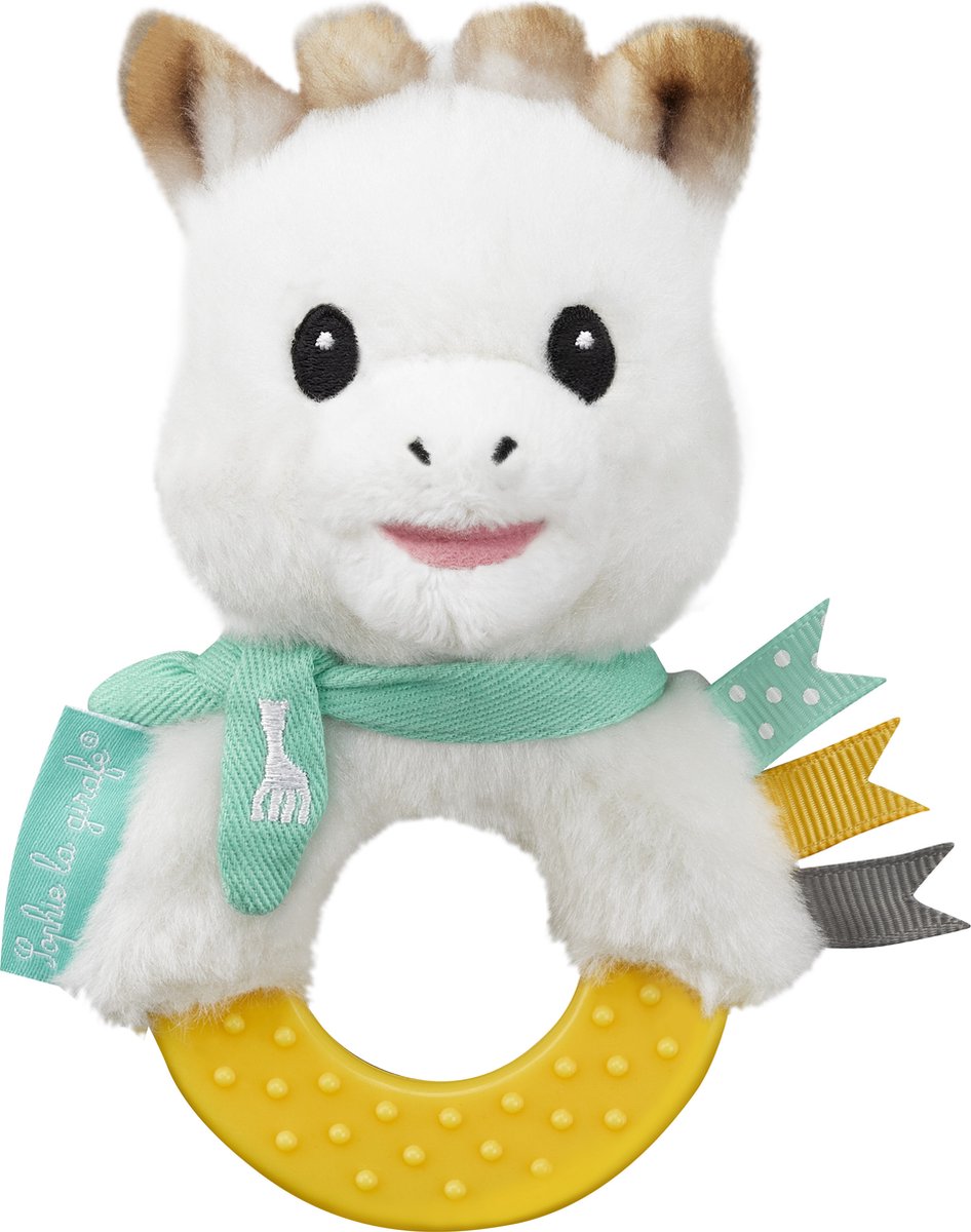 Sophie the giraffe teething rattle - 2-in-1 rattle teething ring - baby toy - maternity gift - baby shower gift - from 3 months - 13x7x6 cm - plush rubber - yellow white turquoise