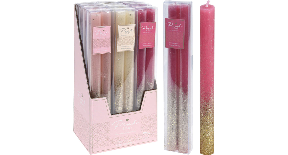 Set van 2 dinerkaars d2,5 h25cm ''pink'' glitter 3 kleuren assortie