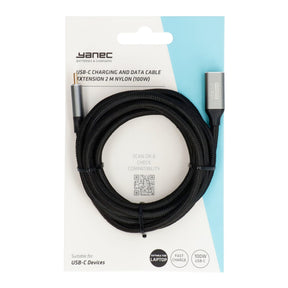 Yanec USB-C кабел за зареждане и удължителен кабел за данни 2m найлон (100w)