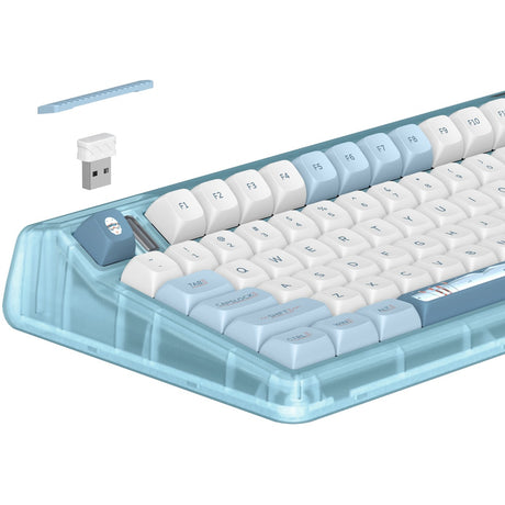 Iqunix OG80 wintertide vezeték nélküli mechanikus billentyűzet (világoskék, amerikai elrendezés (QWERTY), Iqunix Moonstone Turbo, 80% (TKL), RGB LED-ek, üzem közben cserélhető, PBT, 2,4 GHz | Bluetooth 5.1 | USB-C)