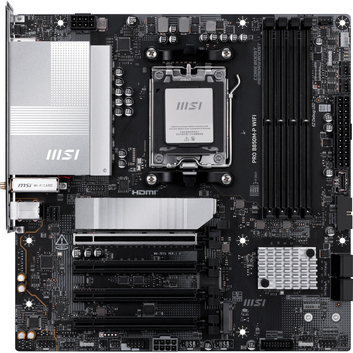 MSI Pro B850M-P WiFi Socket AM5 Motherboard (schwaarz Sëlwer, RAID, 5GB-LAN, WiFi 7, BT, Sound, µATX)