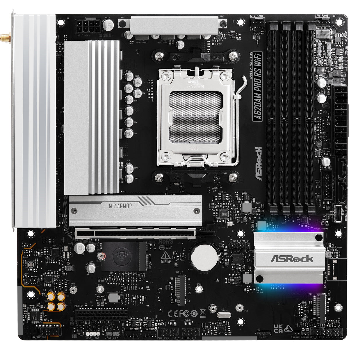 Asrock A620AM Pro RS WiFi Socket AM5 Motherboard (RAID, 2,5 GB-LAN, WLAN, BT, Sound, µATX)