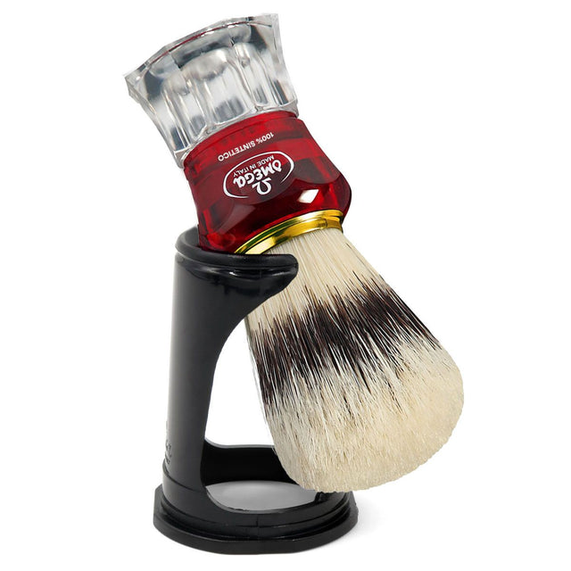 Omega krtača za britje hi-brush sintetična dlaka z učinkom jazbečeve dlake rdeč prozoren ročaj 11 cm
